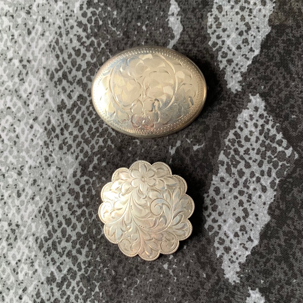 2x Sterling Silver Brooches - Engraved Flower & Leaves